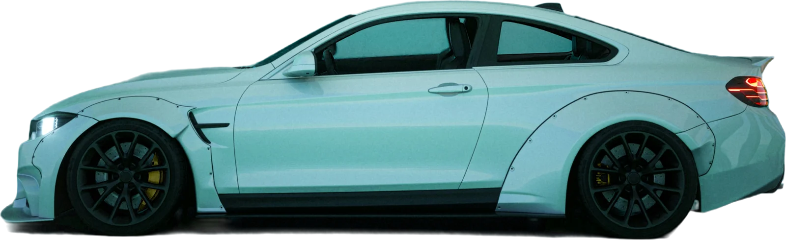 BMW M4 Competition azul-claro, de perfil, com rodas pretas